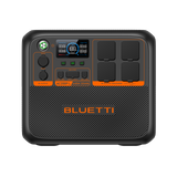 BLUETTI AC200P L portable power station, front view, showing the colour display, four 230V AC outlets, USB-C and USB-A ports, and 12V and 48V DC outputs