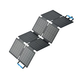BLUETTI SORA-60 portable solar panel unfolded at a three-quarter angle, showing the panel array and stand handles