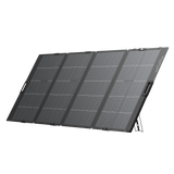 Foldable 400W portable solar panel with kickstand, black, isolated on white background
