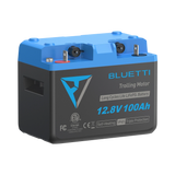 BLUETTI B1210 deep-cycle battery, front view with the recessed side handle visible and the Trolling Motor 12.8V 100Ah label