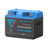 BLUETTI B1210 deep-cycle battery, three-quarter view showing the bolt terminals, terminal covers and the labelled front face