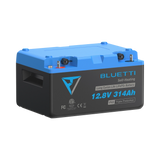 BLUETTI B1232 deep-cycle battery, elevated three-quarter view showing the blue top, terminals and labelled front face