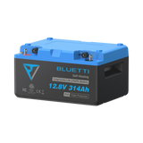 BLUETTI B1232 deep-cycle battery, low three-quarter view showing the bolt terminals, LINK ports and the labelled front face