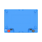 Top of the BLUETTI B1232 deep-cycle battery: blue top plate with LINK IN and LINK OUT ports, positive and negative terminals and corner feet