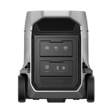 Rear view of a portable power station with ports and wheels for easy mobility