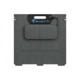 BLUETTI PV100 100W solar panel folded closed for transport, showing the BLUETTI branding, carry handle and the pouch holding the MC4 to XT60 cable