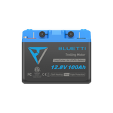 BLUETTI B1210 deep-cycle battery, front view: black and blue case labelled Trolling Motor, Long Cycles Life LiFePO4 Battery, 12.8V 100Ah, Self-Heating, IP65 Triple Protection