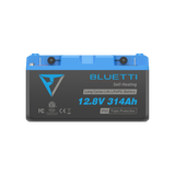 BLUETTI B1232 deep-cycle battery, front view: black and blue case labelled Self-Heating, Long Cycles Life LiFePO4 Battery, 12.8V 314Ah, IP65 Triple Protection