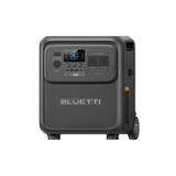 BLUETTI Elite 400 from the front left, showing the side cooling vents, rear wheel and the front panel with its two 230V outlets