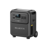 BLUETTI Elite 400 three-quarter view from the left with the side carry handle, cooling vents and wheel visible