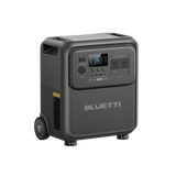 BLUETTI Elite 400 three-quarter view from the right, showing the side AC input and circuit protector panel, wheel and carry handle