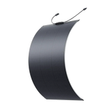 BLUETTI PV100 FX flexible solar panel flexed into a deep curve, showing how the 100W panel bends for mounting on curved roofs, with its MC4 leads at the top edge