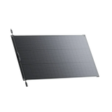 BLUETTI PV100 FX flexible solar panel lying flat, angled view from the left, showing the slim profile, corner grommets and cell layout