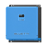 BLUETTI RV5 5kVA power hub, front view: blue ribbed fascia labelled RV5 5000W with the LCD status display and three control buttons on the black wall-mount plate