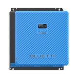 BLUETTI RV5 power hub angled front view showing the ribbed blue housing, LCD display and black wall-mount backplate