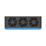 Top of the BLUETTI RV5 power hub: three cooling fans behind hex grilles across the full width of the unit